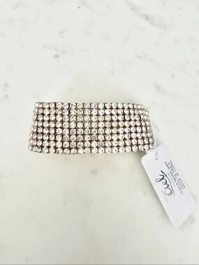 Crystal Rhinestone Stretch Cuff Bracelet Silver Tone Statement Evening Bridal